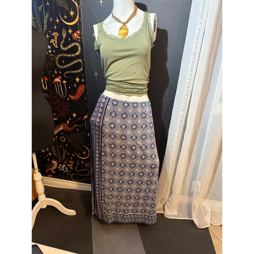 Max Edition Petite Maxi Skirt XL Blue White Geometric Tile Print Side Slit Boho